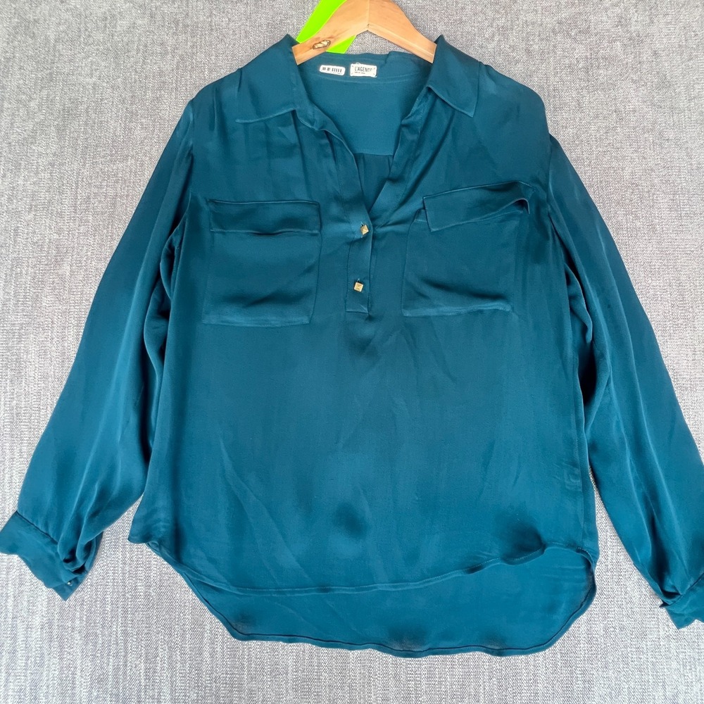 L'AGENCE Shirt Top Womens 4 Teal Green Silk Long Sleeve Office Career Boho Chic